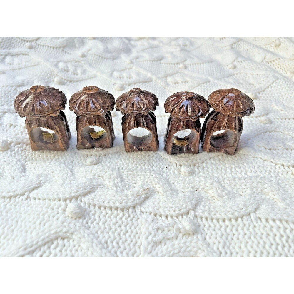 Set of 5 Vintage Hand Carved Wood Mushroom Napkin Rings 3” X 2”